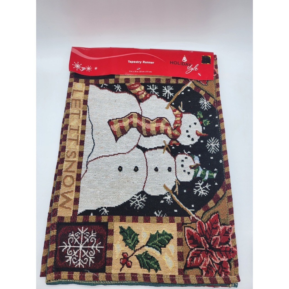 Holiday Style Tapestry Runner Let It Snow Snowman Christmas Decor 13x70 Red Gold